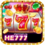 Colorful HE777 game interface with slot reels and winning animations