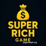 Super Rich Game logo with slots, cards, and mini-games background