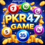 PKR47 Game logo with colorful lottery balls and gold coins on a vibrant blue background