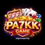 PA7KK Game logo with slot machine, cards, poker chips, and gold coins on a wooden table
